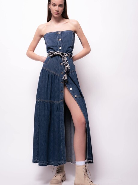 Vestito lungo in denim con cintura - 4