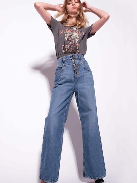 Jeans wide leg con bottoni gioiello - 4