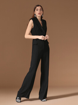 Sleeveless jumpsuit with sequin lapels